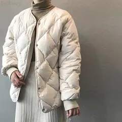 中綿 ダウンジャケット レディース ひし形 軽量 ノーカラーコート ショート丈 アウター 秋冬