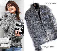 シャネル ジャケット CHANEL ブラック チョコ メイクアップ ワッペン ウール ツイード 貴重 人気 超美品 34 36