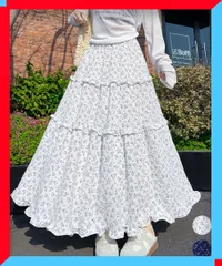 新品 フリルティアード 小花柄 ロングスカート 夏Aラインスカート ボリュームスカート 韓国ファッション春