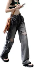 [kanaelun] デニム レディース ストレート ダメージ ウォッシュ 調整 ジーパン ジーンズ 足長 ハイウエスト 可愛い 腰高 着やせ 体型カバー ワイド ゆったり カッコイイ クラッシュ ハイライズ バギー タック Gパン オールシーズン ダンス ク