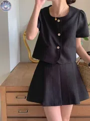 新品 未使用 半袖パフスリーブジャケット プリーツスカート セットアップ M ブラック