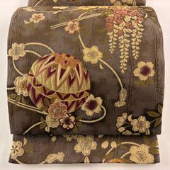 袋帯 美品 秀品 やまと 鞠 桜 灰茶 六通 正絹 【中古】