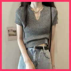★スタッフおすすめ★サマーニット へそ出し トップス Vネック クロップド丈 T ベーシックなデザインのVネック半袖Tシャツ。トレンド感た 上品　おすすめ おしゃれ　★売れ筋★　人気 高見え　高級感