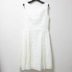 美品 FOXEY フォクシー NERINE カットワークレース 花柄 ノースリーブ ひざ下丈 リネンギャザーワンピース ドレス 39460 40サイズ ホワイト レディース 古着 中古 USED