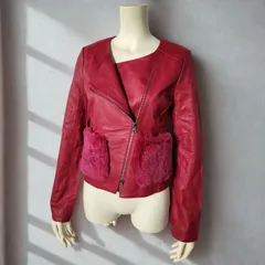 ロイヤルパーティー ROYAL PARTY　羊革＆ラビットファー ラムレザー レッキスファーポケット ライダースジャケット　ルビーピンク　レディース