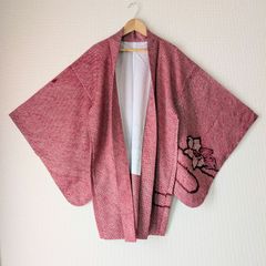 Japanese Vintage Haori Long Red Shibori Floral pattern Silk Kimono Jacket Old-ⅽloth 長羽織 羽織 正絹 総絞り 疋田絞り 赤 花流水 古布 時代布 一点物 大正浪漫 和洋折衷