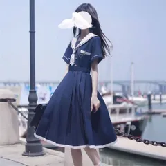 セーラー服 コスプレ 地雷系 ハロウィン 夏服 レディース かわいい 韓国 リボン 白 コン セットアップ セーラー襟 春 白いワンピース 夏 秋 半袖 ひざ丈 ミモレ丈YRDA2980
