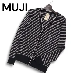 【新品 未使用】 MUJI 無印良品 通年 ニット仕立て★ ボーダー Vネック カーディガン Sz.L メンズ 黒 × 白