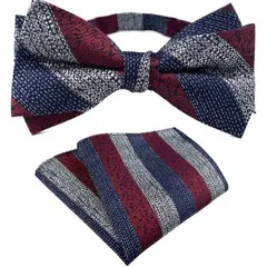 蝶ネクタイ　ポケットチーフ　2点セット　ハンカチ　結婚式　パーティー　イベント　卒業式　入学式　入社式　ダンスパーティー　シルバー色　ネイビー色　ワインレッド色　ストライプ柄　スーツ　ワイシャツ　格安　小物　ワンタッチネクタイ
