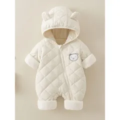 ☆ オフホワイト ☆ 73cm ☆ ベビージャンプスーツ pk23113 ベビー ジャンプスーツ カバーオール ロンパース アウター ベビー服 子供服 長袖 フード付き ファスナー 前開き 裏起毛 防寒 あたたかい お出かけ お散歩 雪遊び かわいい カワイイ