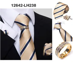 発表会　ベージュネイビー ネクタイ　ポケットチーフ　カフスボタン　リング　4点 セット　結婚式　イベント　卒業式　入学式　入社式　父の日　七五三祝い　ダンスパーティー　バーテンダー　格安　ストライプ柄　ゴールド色　クリーム色　ベージュ色　ネイビー色　ホワイト