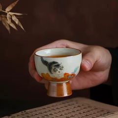 中国伝統工芸品　お茶呑茶碗　氷裂貫入　湯呑　猫絵