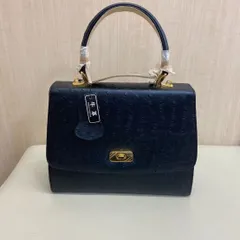 【✨新品未使用✨】 型押しオーストリッチ　ショルダー付き　ハンドバッグ　BLACK　ブラック　黒　牛革　型押し　ショルダーバック　金具　ヴィンテージ　昭和　レトロ　ヴィンテージ　アンティーク　鞄　カバン　皮製品　おしゃれ　レディース　女性用　ファッション