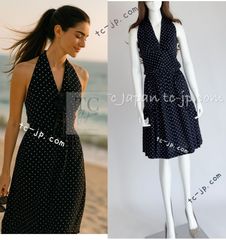 シャネル ヴィンテージ ワンピース CHANEL ネイビー グレー ウール ドット柄 カールラガーフェルド 貴重 サマー 春夏ドレス 美人見え 34 36