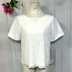 【美品】オペークドットクリップ 半袖カットソー レース切替 ホワイト 36/S