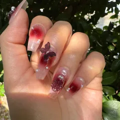 春の限定　グラデーションネイルチップ 花模様 パール