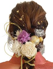 [Kugusa] 髪飾り 袴 卒業式 成人式 結婚式 振袖 和装 七五三 水引 金箔付き アジサイ カスミソウ ドライフラワー 組紐【日本企画】(紫＆白＆ゴールド）