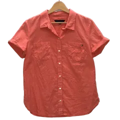 TOMMY HILFIGER トミーヒルフィガー リネンシャツ 綿 半袖 シャツ ボタンダウン ワンポイントロゴ刺繡 インド製 Mサイズ オレンジ
