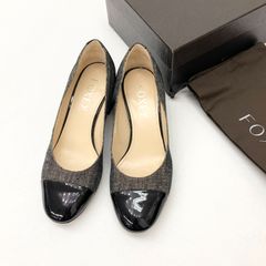 FOXEY フォクシー ツイード・エナメルパンプス ブラック 36.5 ◆