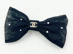 CHANEL シャネル バレッタ ヘアクリップ 髪留め リボン パール ブラック メッシュ 24A 超美品