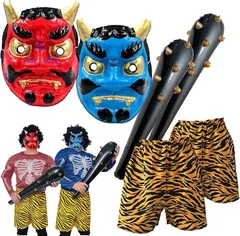 XPデザイン 節分用 鬼のお面 セット 張子製 ウィッグ こん棒 鬼パンツ付き(張子 赤鬼・青鬼セット)