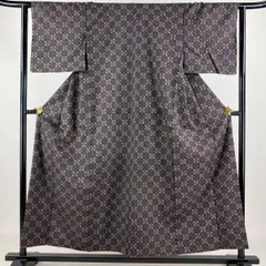 紬 身丈155cm 裄丈63cm S 袷 アンサンブル 華文 黒 正絹 美品 優品 【中古】