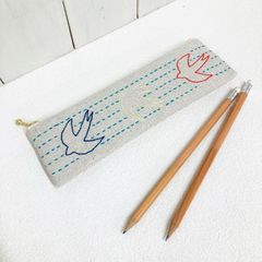 細型ペンケース【ツバメ 紺 黄 赤】　刺し子・綿麻・コットン