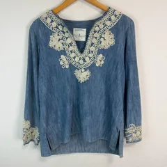 Zara Woman ザラ ウーマン チュニック 長袖 Vネック 刺繍デザイン サイドスリット ブルー Sサイズ レディース 古着 エスニック