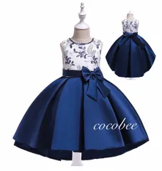 ネイビー色ドレス　好評　刺繍　ビーズ　リボン付き　子供ドレス　発表会ドレスリングガールフラワーガール　ジュニアドレス　クリスマスプリンセスドレス