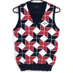 キャロウェイ ニットベスト ネイビー×ピンク 前面手裏剣柄 コットン混 Vネック レディース L ゴルフウェア Callaway