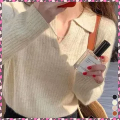 送料無料 スキッパーニット韓国風リブニットトップス 暖かい Vネックニットレディースきれいめ おしゃれニット長袖 リブセーターオフィスカジュアル 洗えるニットチクチクしない 襟付きニット秋冬服 大人可愛いトップス セーターきちんと感