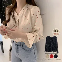 トップス ブラウス シャツ ハート柄 長袖 Vネック シフォン フリル袖 大人