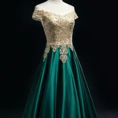 刺繍の美しい オフショル サテンイブニングドレス?.?