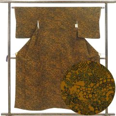 小紋 身丈153cm 裄62cm 前幅26cm 後幅30cm 袖丈47cm 袖幅32cm レディース 袷 花柄 裄Sサイズ 秋冬春用 正絹（シルク）ブラウン 美品 リメイク リユース リサイクル【呉服のきくや】
