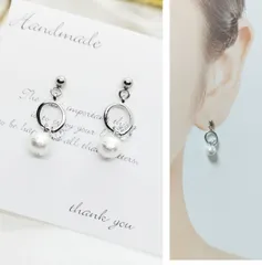 シルバーフープクリップとホワイトコットンパール　ハンドメイドピアス・イヤリング