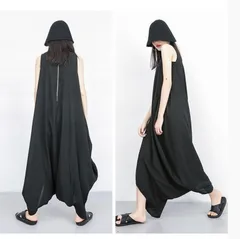 インポート<!-利用不可文字-!> サルエル オールインワン ノースリーブ オーバーサイズ 体型カバー ストレスフリー ブラック