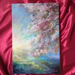風景画「光彩の桜」　painterTMK 真筆　 油絵風景画　自然　インテリア　油絵　画家本人出品　肉筆　一点もの真筆 ファインアート