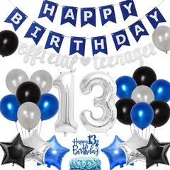 【数量限定】スターアルミバルーン バナー 男の子 １３歳 飾り付け 誕生日パーティー 部屋飾り ブルーシルバーとブラック風船 風船セット １３歳の誕生日パーティー飾り