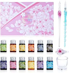 COCOUNITY 美文字帳付き ガラスペン ガラスペンセット 12色インク 取扱説明ガイドブック付き メッセージカード 20点セット 桜華 ピンク( ピンク)