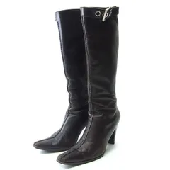 プラダ ブーツ ロング丈 シューズ 靴 ♯37 スクエアトゥ ベルト付き ダークブラウン×シルバー PRADA レディース プレゼント 贈り物 オシャレ 大人 ファッション  C1645