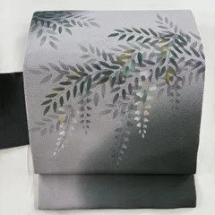 名古屋帯 秀品 落款 藤 金彩 縮緬 灰色 正絹 【中古】
