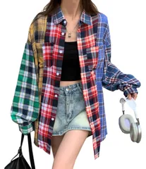 [ＪＩＹＵＴＯＲ] レディース シャツ 長袖 ビッグシルエット オーバーサイズ チェック柄シャツ 春 秋 アウター 上着 羽織りブラウス 折り襟 切り替え 韓国ファッション ボタンシャツ