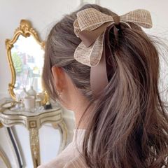 【新品】レトロガーリー♡ツイードリボンバナナクリップ レディース バレッタ ヘアアクセサリー バナナクリップ ポニーテール リボン 可愛い カジュアル フォーマル 上品 ブラック ブラウン ピンク 入学式 入園式 通勤 通学　C0322