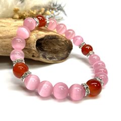 キャッツアイ(ピンク)×赤瑪瑙 パワーストーン ブレスレット  (シルバー) メンズ・レディース　男性・女性　数珠ブレス 開運 [23]