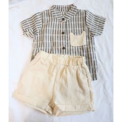 ボタンシャツセットアップ【80】【新品】ベージュ　ベビー　キッズ　子供　フォーマル　夏服　猫　法事　おでかけ