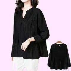 Color:ブラック_Size:Free Size [Vmiutyer LLOP] プリーツ シャツ レディース 長袖 上品 切り替え ブラウス 大きいサイズ ゆったり おしゃれ 無地 キレイめ オフィス カジュアル 通勤 体型カバー