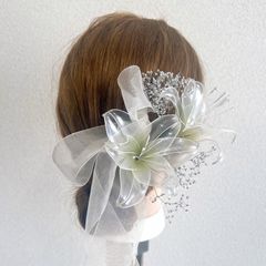百合　ヘッドドレス　シルバー　リボン　かすみ草（一部ゴールド変更可）