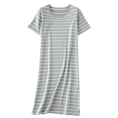 パジャマ ルームウェア ワンピース レディース 綿 半袖 ボーダー 部屋着 大きいサイズ 膝下 透けない マタニティ シンプル おしゃれ 体型カバー コットン rr2 2.グレー M|L|XL|3L(2XL)|4L(3XL)|5L(4XL)