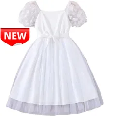 ✨新品✨子供用 パフスリーブ 白ワンピース フォーマル 発表会 ピアノ 結婚式 キッズドレス 女の子 フラワーガール 130 140 150 160 170 チュール レース 半袖 お姫様 誕生日 ホワイト 白