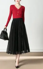 ドット柄 チュールスカート ロング丈 ウエストゴム 体型カバー 大人 きれいめ フレア Aライン 秋 冬 春 レディース 黒 ブラック 透け感 フェミニン 上品 ロングスカート 無地 カジュアル 通勤 20代 30代 40代 [1030]